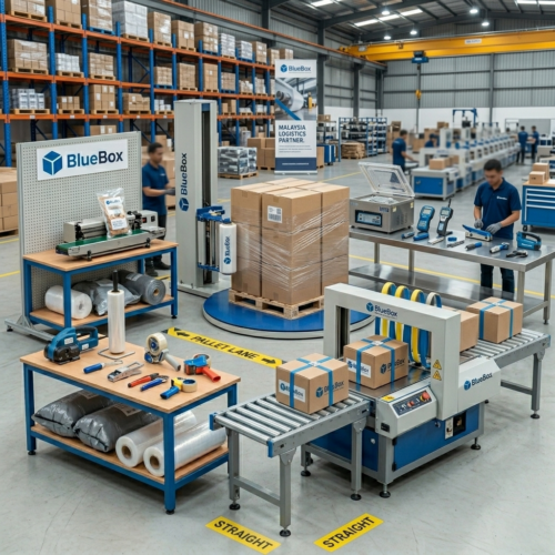 Industrial packaging machinery used in warehouse packaging operations