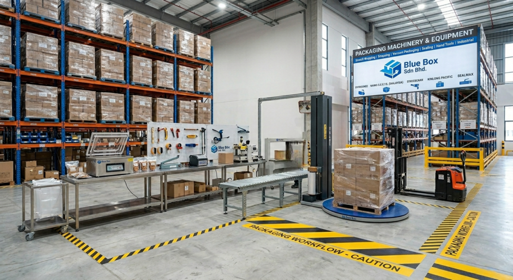 Industrial warehouse packaging solutions with logistics, pallet wrapping systems, cargo handling, and warehouse operations by Blue Box Sdn Bhd Malaysia