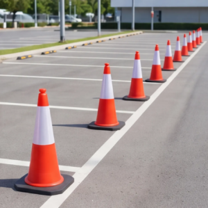 75cm PE Road Cone, Black Base – In-use shot — cones lining a road lane closure Road Cone 75cm Malaysia